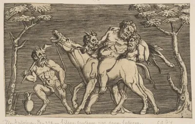 Two satyrs placing Silenus on a braying mule and a third satyr at left