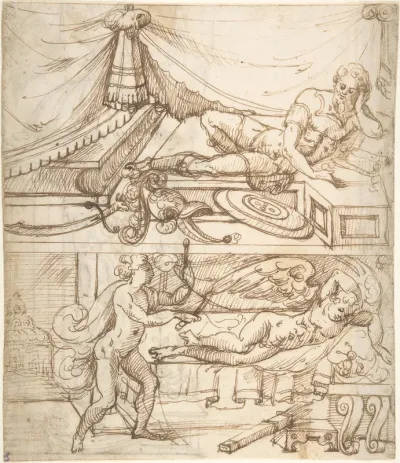 Two scenes; a reclining warrior above, sleeping cupid below (recto); grotesque niche with standing warrior (verso)