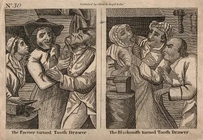 Two scenes of a farrier extracting a tooth from a male patient and a blacksmith extracting a tooth from a female patient