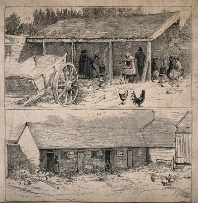 Two scenes of farm buildings with workers packing hops