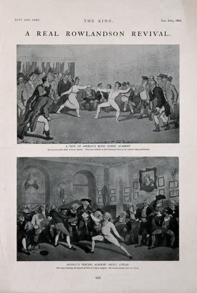 Two scenes of Le Chevalier D'Éon fencing at Angelo's Fencing Academy