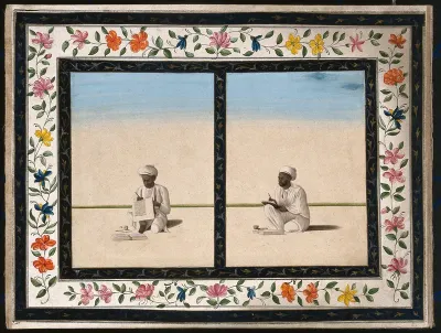 Two scribes copying manuscripts or official letters