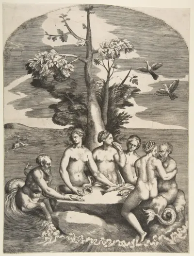 Two sea gods accompanied by four nymphs