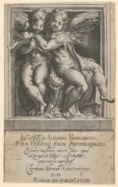 Two seated angels, arms around one another, the one on the left looking down at a song book, from The Angels' Concert