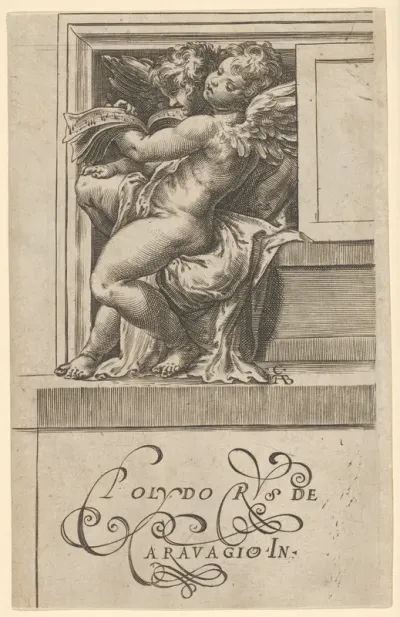 Two seated angels, facing left, reading from a song book, from The Angels' Concert