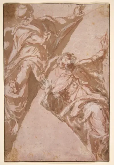 Two Seated Male Figures Within Spandrels