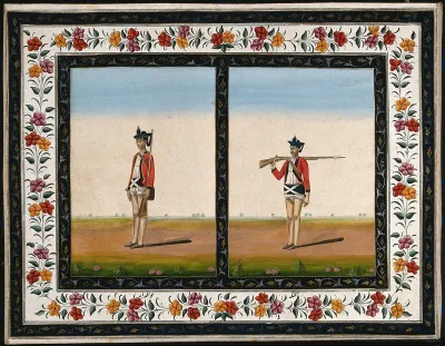 Two sepoys in British uniform: (left) standing to attention, (right) shouldering arms