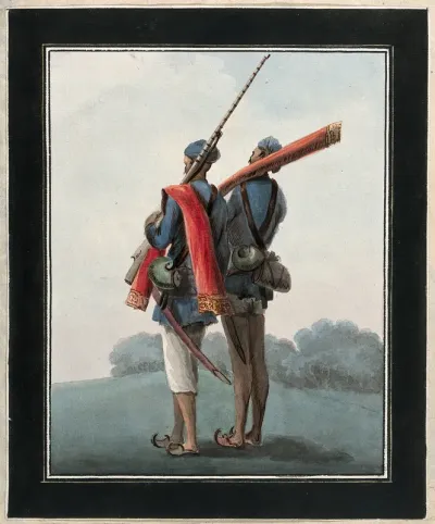 Two sepoys (native soldiers) holding rifles and swords