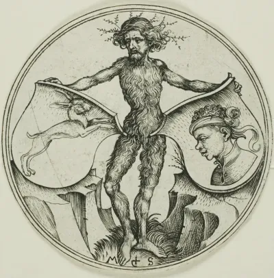 Two Shields with a Hare and a Moor's Head, Held by a Wild Man