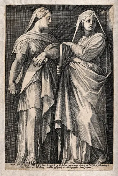Two sibyls. Engraving by H. Goltzius after Polidoro da Caravaggio