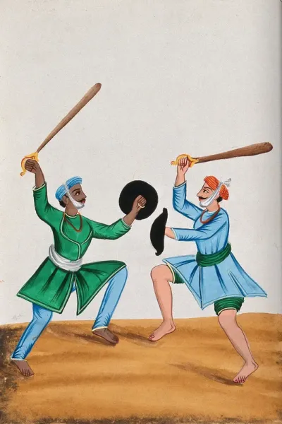 Two Sikh men dueling with wooden swords