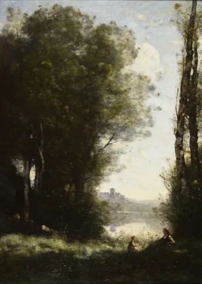 Two sisters beneath the trees on the lakeside