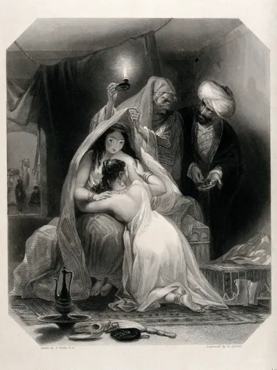 Two sisters in Georgia lament as their mother sells them to a bearded man wearing a turban, who is counting out money