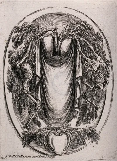 Two skeletons flank a tree to which they attach a large cloth