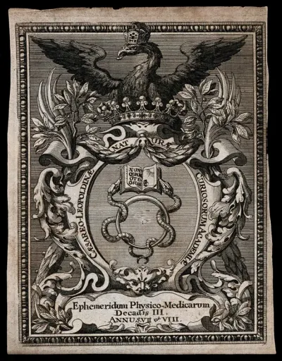 Two snakes holding a book; surmounted by a crowned eagle