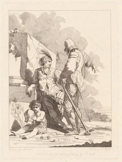 Two Soldiers and Child Holding a Helmet