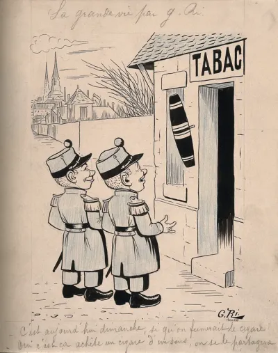 Two soldiers contemplate buying a cigar as a Sunday treat and sharing it