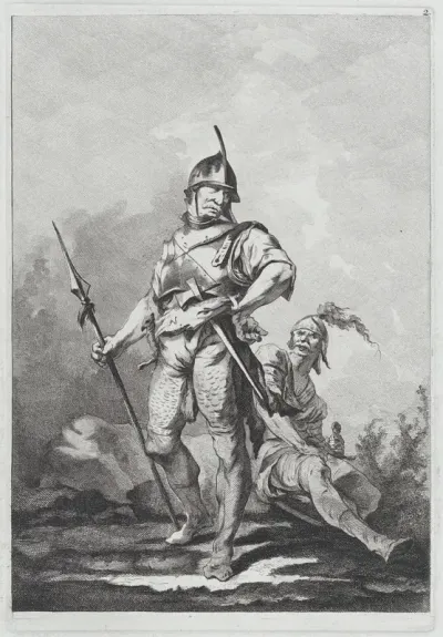 Two Soldiers, One Standing Holding a Lance, One Seated