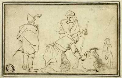 Two Soldiers, Woman with Jug and Child