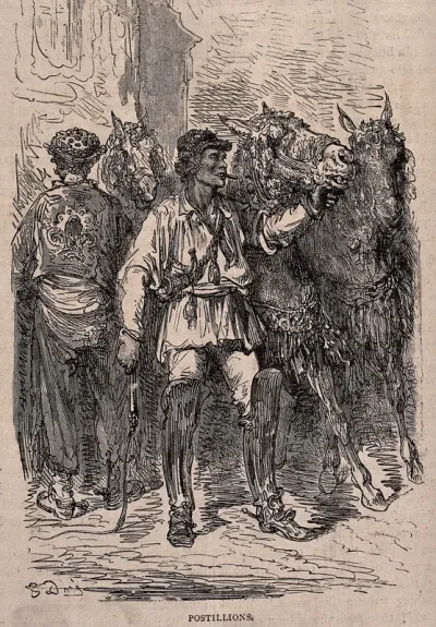 Two Spanish coach riders wearing ornate livery with a decorated horse