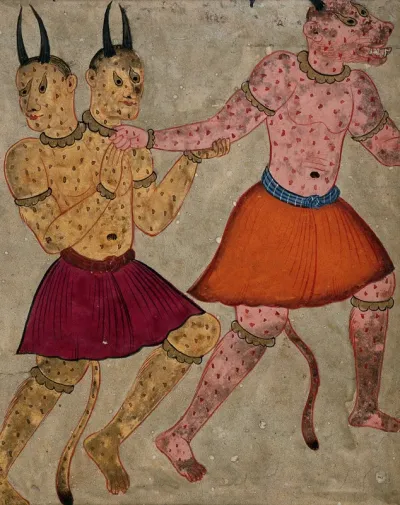Two spotted divs, one of them with two heads