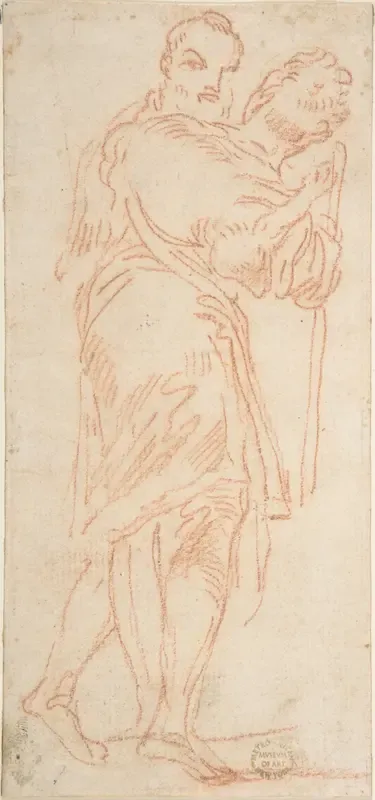 Two Standing Men, One Carrying a Lamb