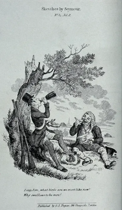 Two stockbrokers out shooting game in Hornsey Wood have a picnic: one of them compares them to swallows, as they awallow food and a bottle of sherry