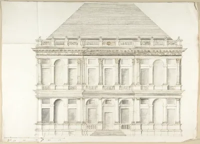 Two-Story Façade of a Palace with a Mansard Roof