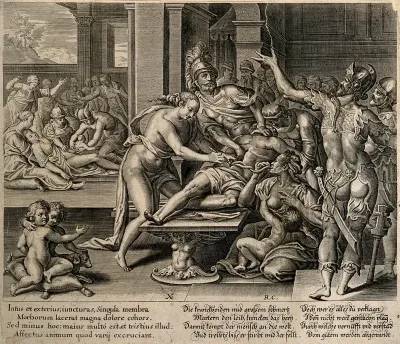 Two surgical operations (one a caesarian delivery) take place in a crowded courtyard
