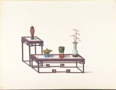 Two Tables with a Purple Finish, One with a Red Vase, the Other with Three Vases