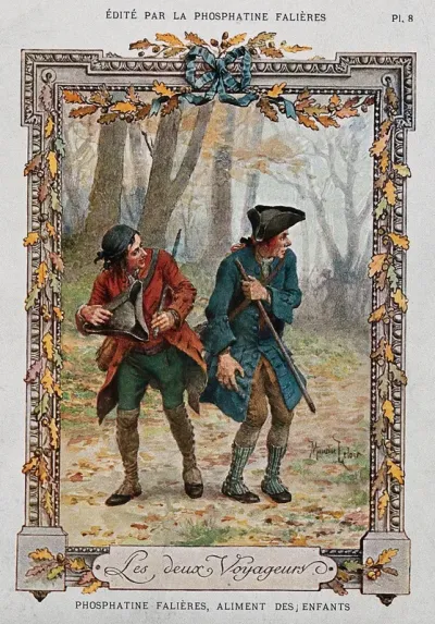 Two travellers walking through a forest are alarmed to see armed men following them; advertising Phosphatine Falières infant food