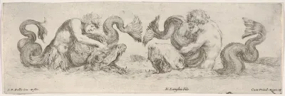 Two Tritons wrestling with other Sea Creatures, plate 13 from "Decorative friezes and foliage" (Ornamenti di fregi e fogliami)