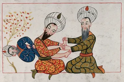 Two Turkish men are reducing a man's dislocated ankle