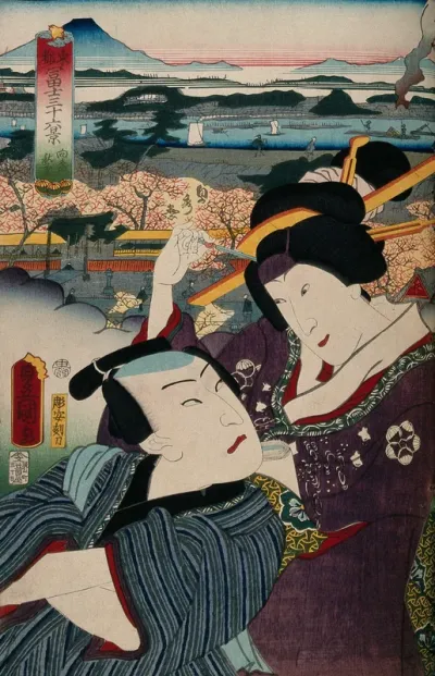 Two unidentified actors as a pair of lovers in a pose suggesting an erotic encounter; a panoramic view of Fuji from Mukōjima Akiba in the background