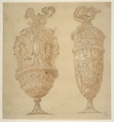 Two Urns Decorated with Human Figures, Animals and Garlands