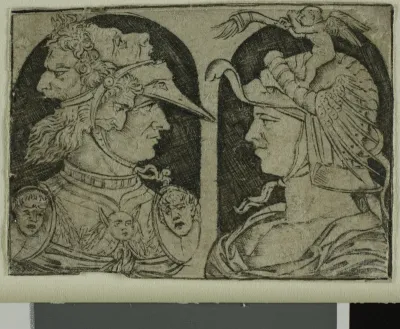 Two Warriors, One with a Winged Genie on His Helmet