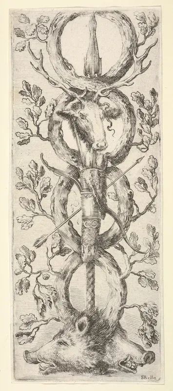 Two wild boar heads below, a deer head above, a bow and arrow in center, from "Ornaments or Grotesques" (Ornamenti o Grottesche)