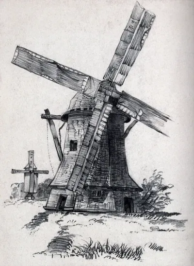Two windmills (in the Netherlands?) Pencil drawing [by Lilly?], 1862