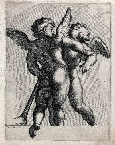 Two winged boys, one of whom holds a lighted torch