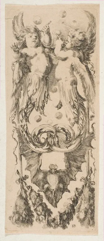 Two Winged Children with Bodies Turning into Ornament Blowing Bubbles