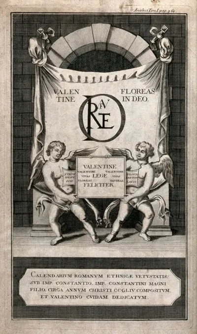 Two winged genii standing outside a veiled arch hold up the dedication to the Roman calendar