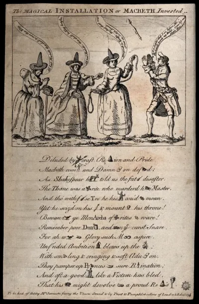 Two witches tell Macbeth (representing the Earl of Bute) that he will be king and another, holding a noose, says he will be "Knight - the first that ever graced the Scottish annals"