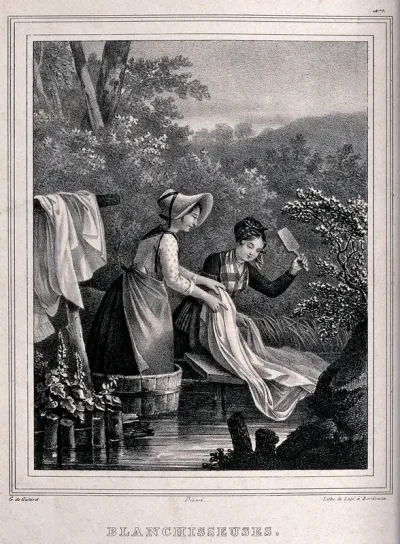 Two woman of Bordeaux washing clothes in a river; one is holding the sheet while the other beats it with a wooden paddle