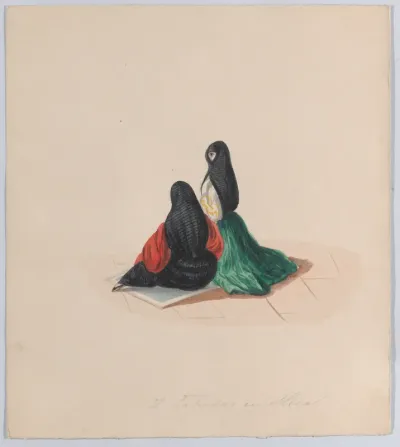 Two woman wearing the saya attending mass, from a group of drawings depicting Peruvian dress