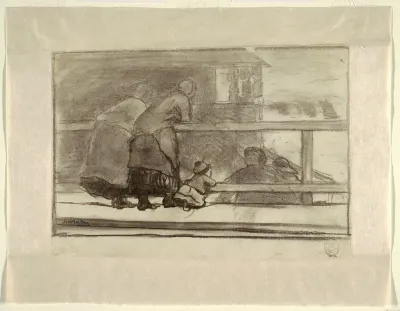 Two Women and a Child at a Rail, Overlooking Beach at Tynemouth