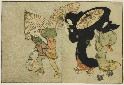 Two Women and Attendant Caught in a Storm, from the illustrated book "Picture Book: Flowers of the Four Seasons (Ehon shiki no hana)," vol. 2
