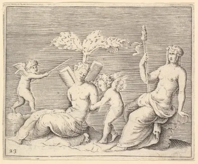 Two Women and Two Cupids, from "Ex Antiquis Cameorum et Gemmae Delineata/ Liber Secundus/et ab Enea Vico Parmen Incis"