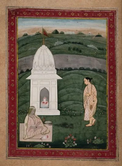 Two women at a shrine of the Shiva linga