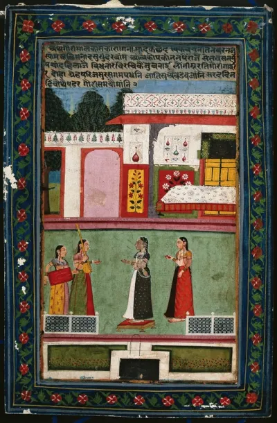 Two women beckoning two musicians with a sitar (?) and a tabla (?)