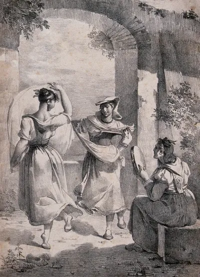 Two women dance the salterello as another plays the tambourine